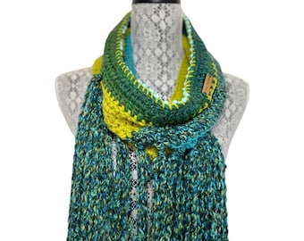 Infinity scarf, cowl scarf, circle scarf, fringe scarf, Blue and Green Hand knit Scarf with Fringe, women’s gift, birthday gift,