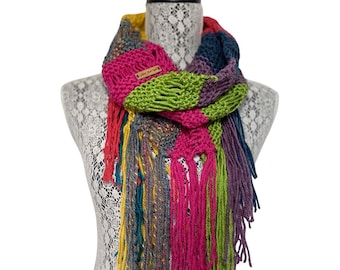 Rainbow Infinity scarf, cowl scarf, circle scarf, fringe scarf, Rainbow knit infinity scarf with fringe, birthday gift