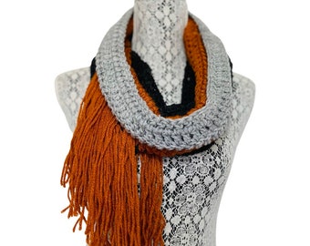 Infinity scarf, cowl scarf, circle scarf, fringe scarf, Gray and orange scarf with fringe, women’s gift, birthday gift