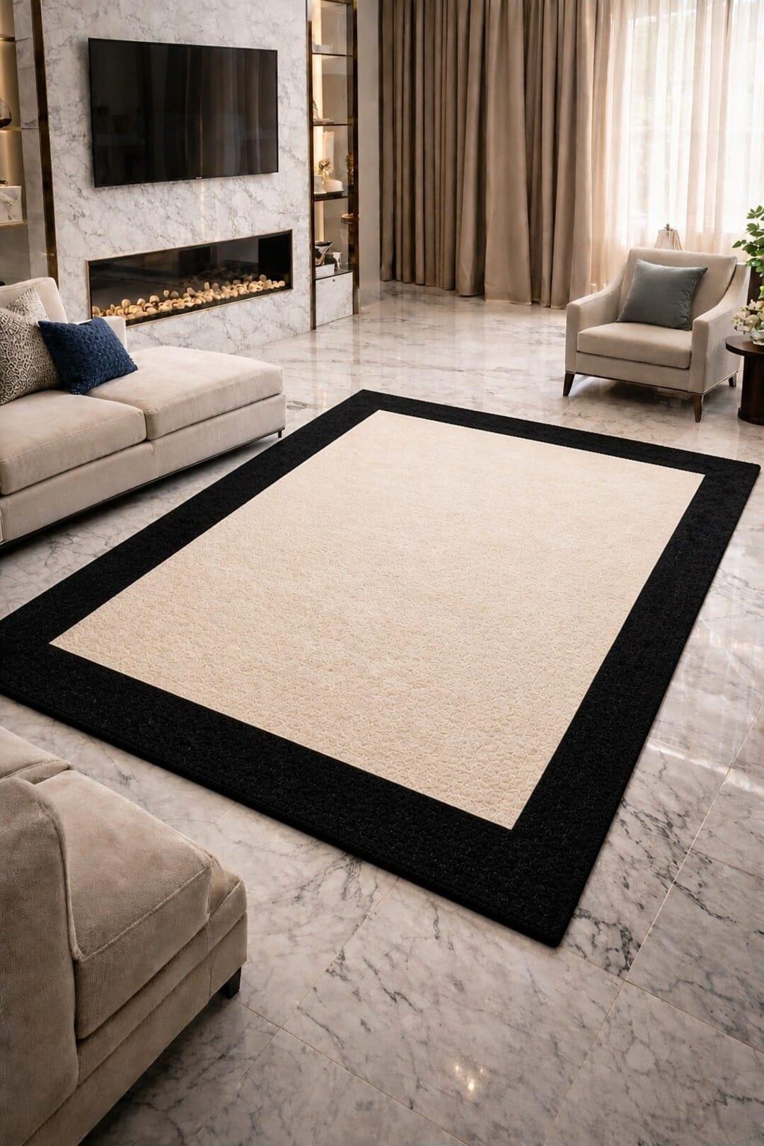 Modern Ivory & Black Border Hand Tufted Wool Rug, Minimalist Luxury ...