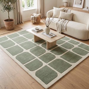 Hand-Tufted Wool Area Rug – Sage Green & Ivory Checkered Grid Pattern | Modern Minimalist Rectangular Carpet for Living Room, Bedroom