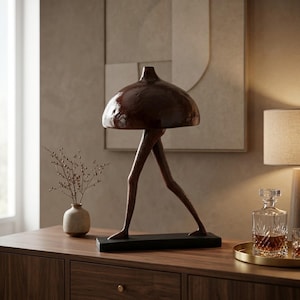 May include: A dark brown sculpture featuring a wide, rounded cap atop two slender, walking legs. The figure is mounted on a rectangular black base, creating a dynamic, striding silhouette. The surface has a smooth, polished finish throughout.