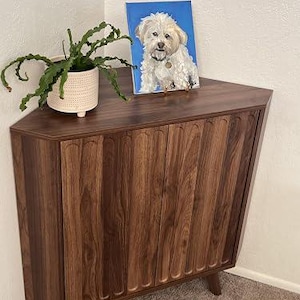Pu&ograve; includere: Un mobile ad angolo in legno scuro con ante a pannelli scanalati verticali e gambe affusolate. Sopra si trovano un vaso in ceramica bianca con motivo a pois contenente una pianta verde e un dipinto rettangolare di un cane bianco su sfondo blu.