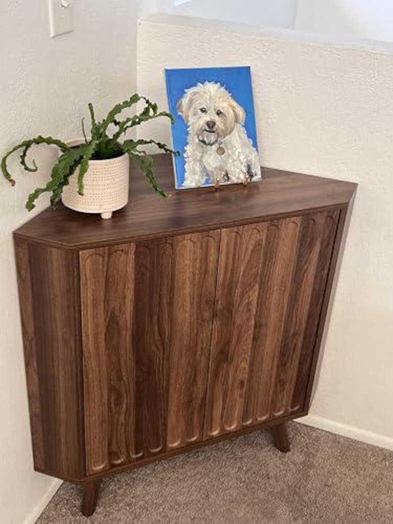 Pu&ograve; includere: Un mobile ad angolo in legno scuro con ante a pannelli scanalati verticali e gambe affusolate. Sopra si trovano un vaso in ceramica bianca con motivo a pois contenente una pianta verde e un dipinto rettangolare di un cane bianco su sfondo blu.