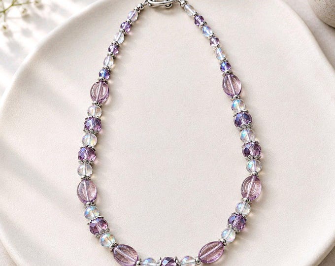 Purple & Iridescent Beaded Statement Necklace