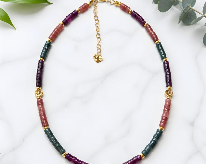 Tourmaline Gemstone Necklace, Gold Accents, Bold, Sleek Statement