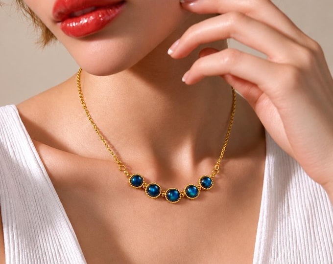 Blue Apatite 5 Bead Necklace, Gold-Filled Chain, Twisted Rope Bezels, Delicate Link Style