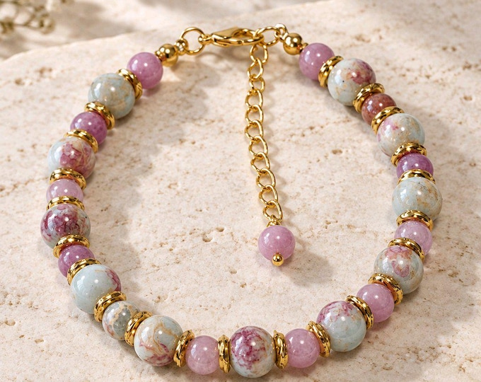 Pink & Cream Alashan Stone Beaded Bracelet with Gold Tone Accents