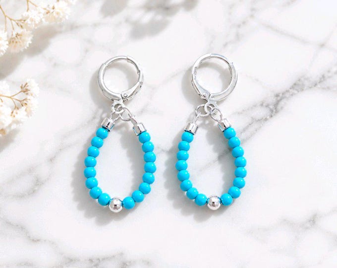 Beaded Hoop Earrings, 3mm Natural Gemstone with Silver Accents
