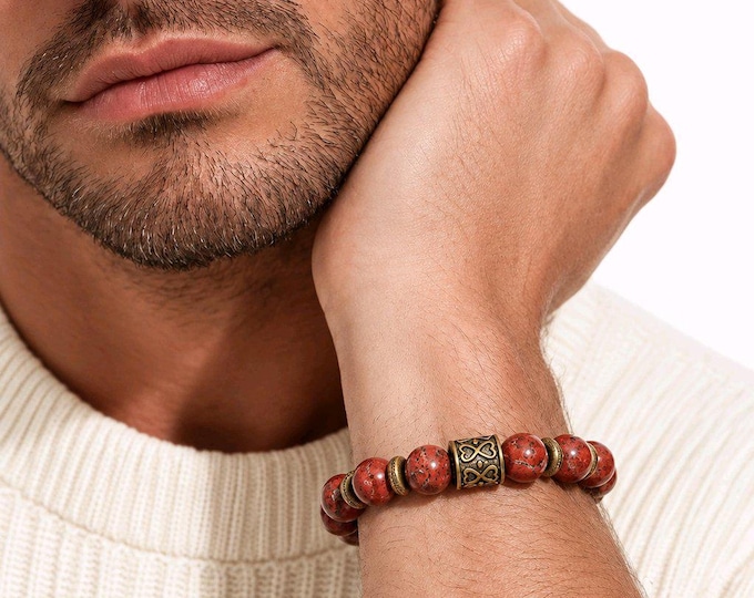 Jasper Bracelet, Dark Red Sesame Beads with Bronze Spacers, Stretch Design