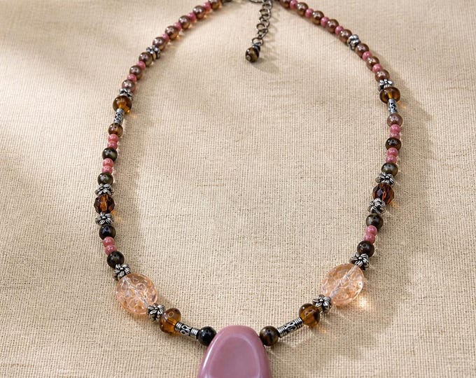 Peach Brown Beaded Pendant Necklace, Gold Boho Earthtone Fall Statement Gift for Her