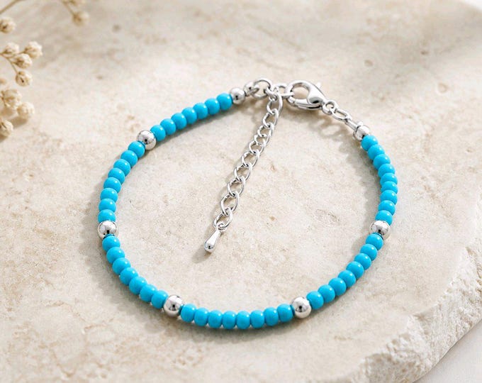 Blue Howlite 3mm Beaded Bracelet, with Silver Beads, Stacking Jewelry