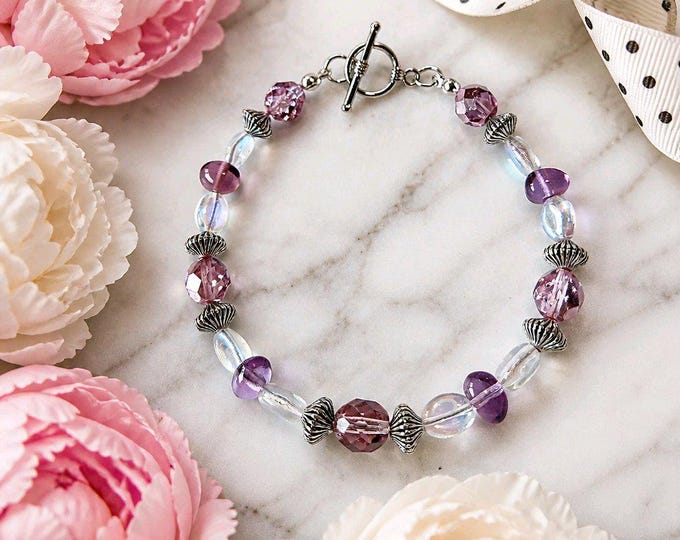 Purple & Iridescent Bead Silver Bracelet