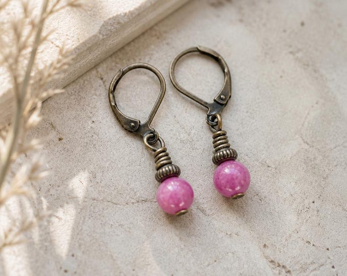Pink Watermelon Tourmaline Earrings, Antiqued Bronze Lever Back, Petite Gemstone Drop