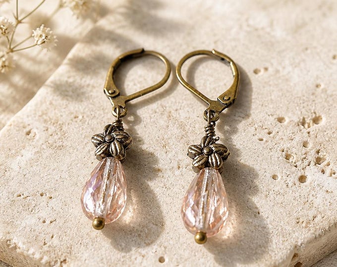 Peach Teardrop Flower Dangle Earrings, Antique Bronze Lever Back, Petite Boho Gift