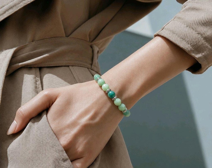 Amazonite Green Beaded Stretch Bracelet with Silver Accents