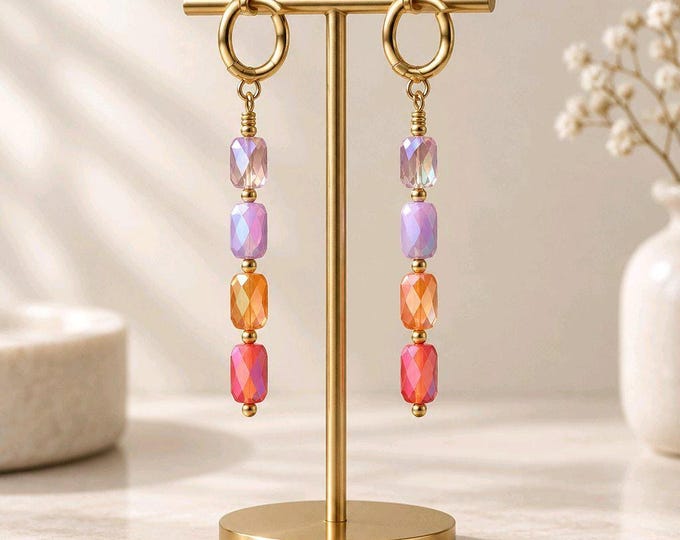 Glass Bead Earrings, Orange Faceted Dangle with Aurora Borealis Finish