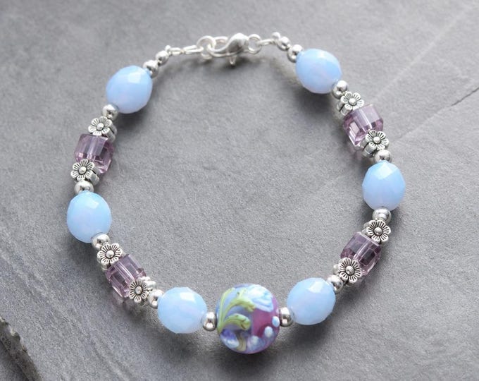 Handmade Lampwork Flower Bead Bracelet, Blue Purple Crystal, Silver Accents