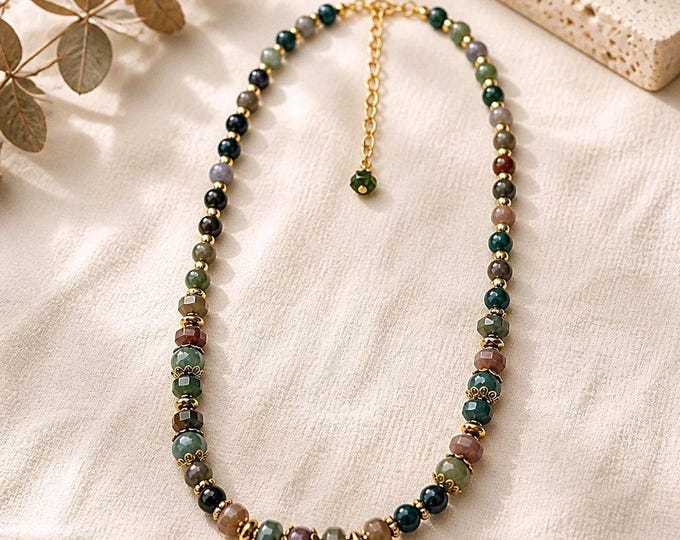 Jasper Bead Necklace, Multicolor Earth Tone Stones With Gold Accents