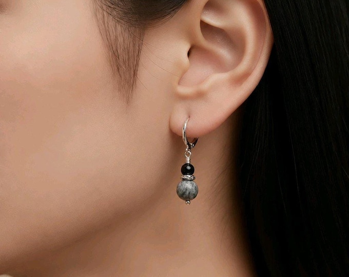Grey Map Stone Drop Earrings, 8 mm Beads with Black Obsidian and Silver Leverbacks