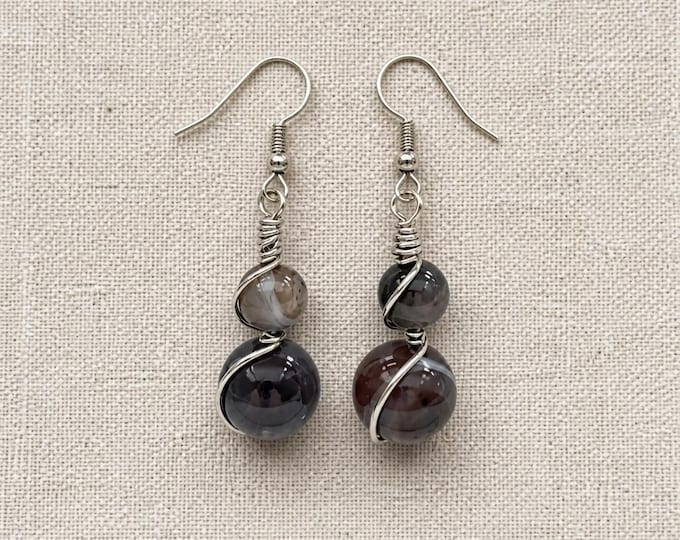 Gray Tone Botswana Agate Double Bead Silver Wire Wrap Earrings