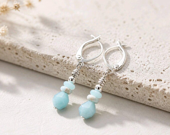 Blue Faceted and Stacked Amazonite Silver Leverback Earrings