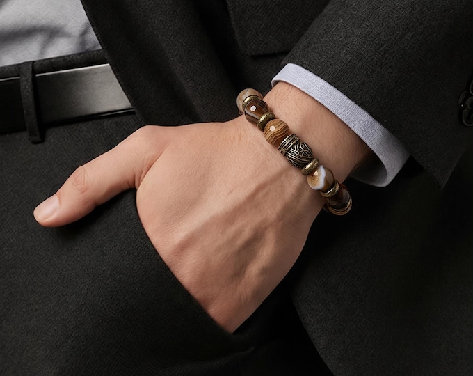 Agate and Bronze Beaded Stretch Bracelet