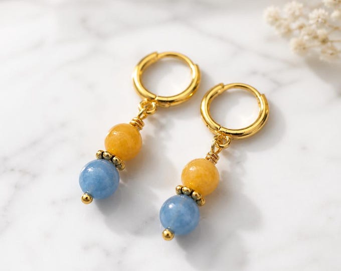 Natural Aquamarine And Topaz Dangle Earrings, Petite Blue Gemstone Drops