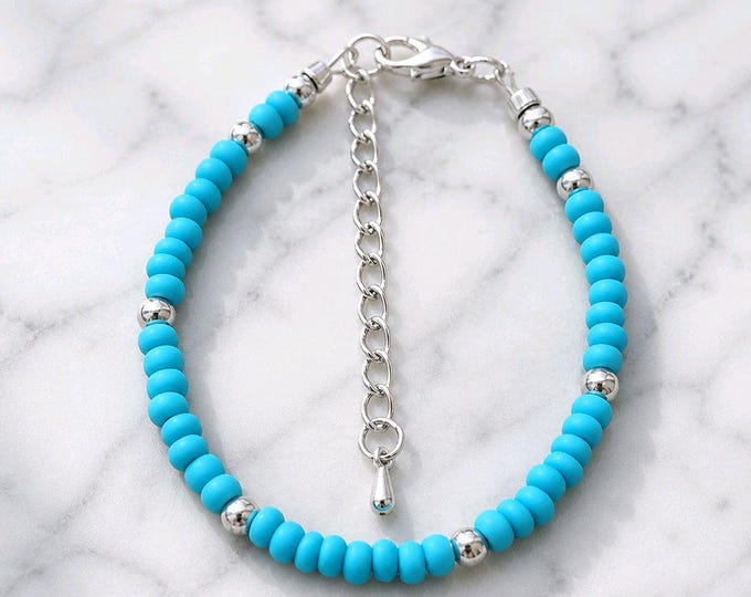 Handmade Blue Howlite 4mm Beaded Bracelet, Natural Stone & Silver, Stacking Jewelry