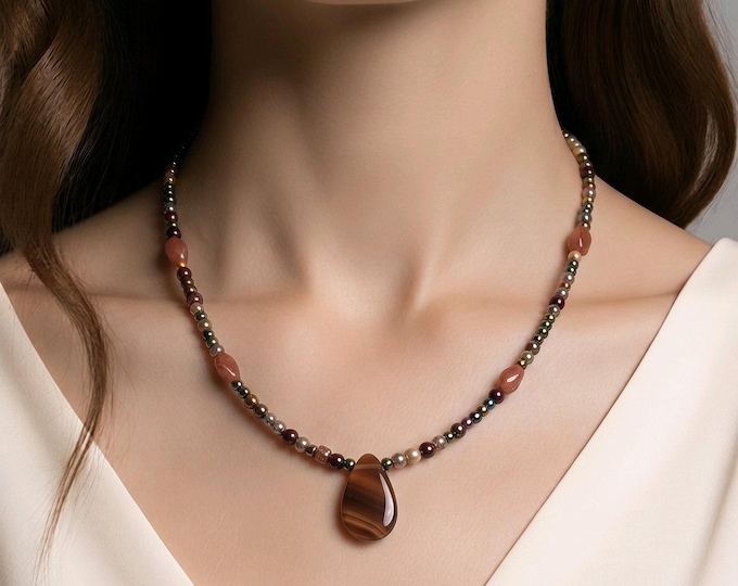 Brown Teardrop Pendant Necklace, Glass Focal with Earthtone Beads