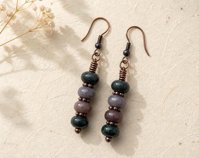 Handcrafted Indian Jasper Dangle Earrings, Antiqued Copper Fish Hook Earwires, Natural Stone Statement Jewelry