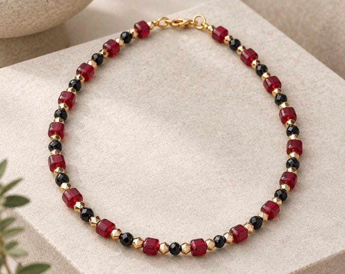 Garnet Necklace, 16 Inch Red and Black Beads with Gold Accents