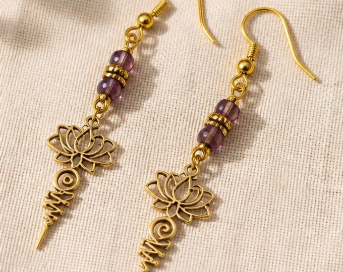 Gold Lotus Unalome Pink Tourmaline Earrings, Spiritual Meaningful Gift, Yoga Jewelry