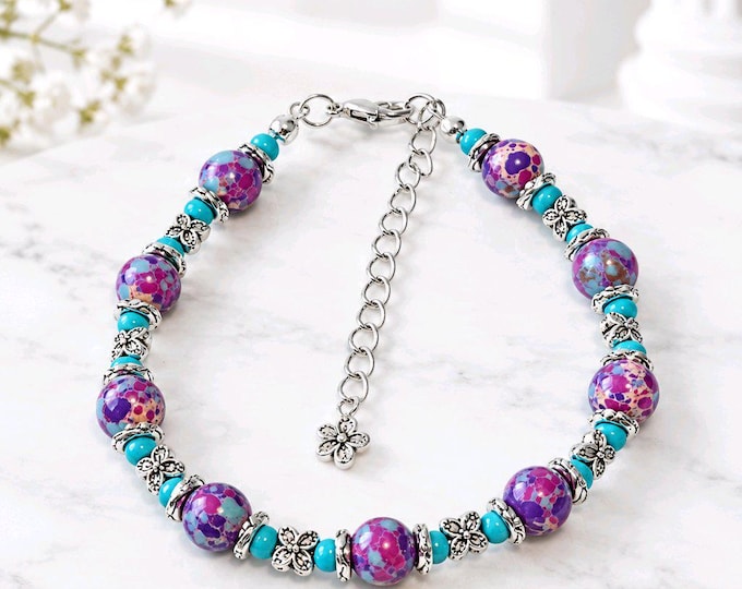 Galaxy Purple Sea Sediment Turquoise Bracelet, 8mm Bead, Silver, Colorful Gift for Her