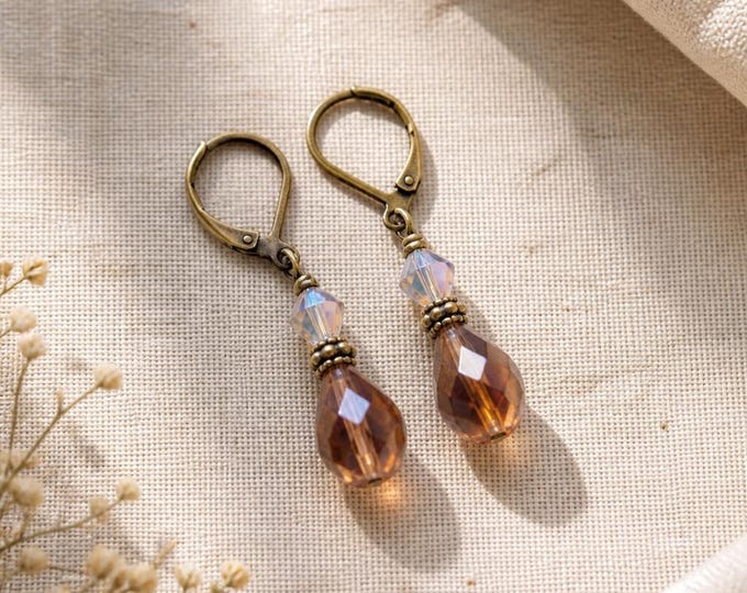Amber Faceted Crystal Teardrop Bronze Earrings