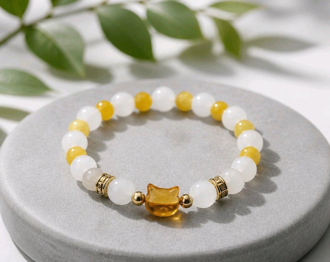 Yellow Cat Charm, White Chalcedony and Yellow Topaz Beaded Stretch Bracelet