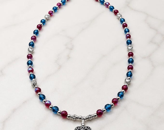 Red Blue Silver Heart Pendant Necklace, Patriotic 4th of July Gift, Handmade Beaded