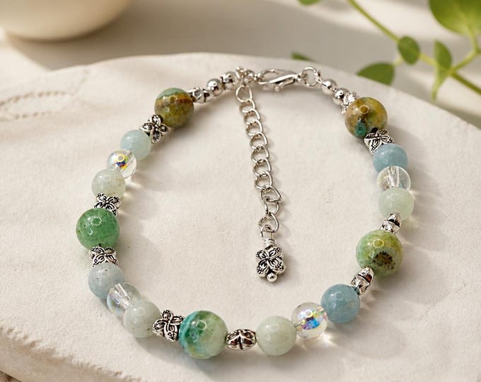 Pale Green Agate Bracelet, Iridescent Beads, Silver Accents, Boho Natural Stone Gift