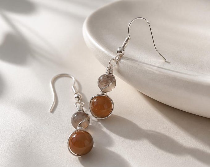 Brown Tone Botswana Agate Double Bead Silver Wire Wrap Earrings