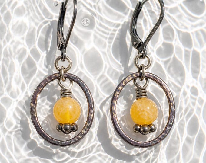 Natural Topaz Dangle Earrings, Hammered Bronze Frames with Leverback Earwires
