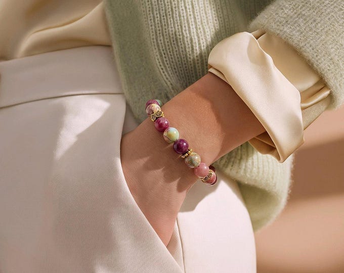 Alahsan Agate 8mm Bold Pink Stretch Bead Bracelet, with Gold Floral Beads