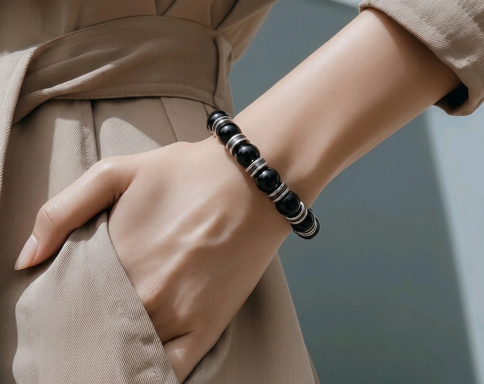 Black Onyx 8mm Beaded Clasp Bracelet, Silver-Tone Crystal Spacers