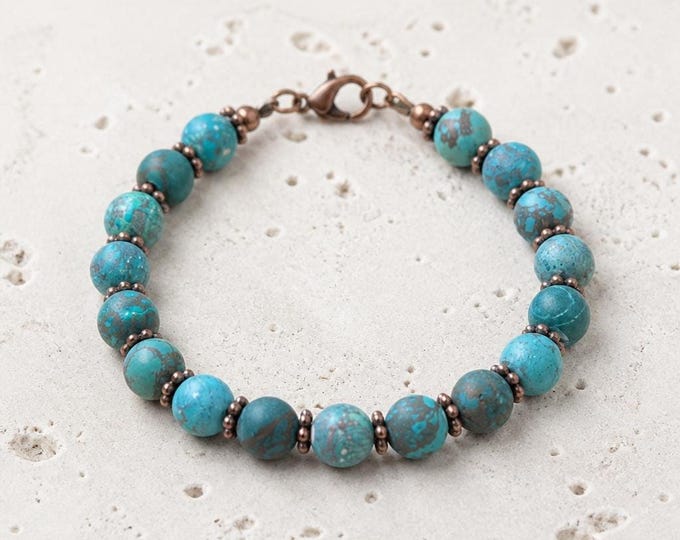 Turquoise Bracelet, Matte Natural Stone Beads with Antiqued Copper
