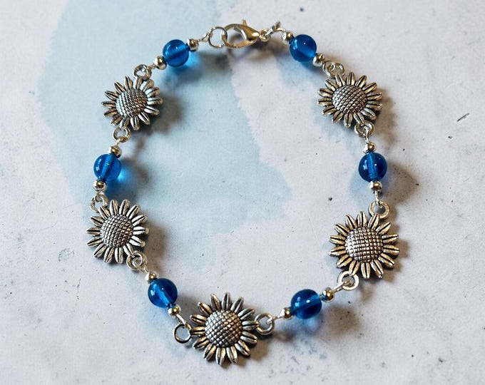 Sunflower Bead Link Bracelet or Anklet, Silver, Customizable, Gift for Her Daughter