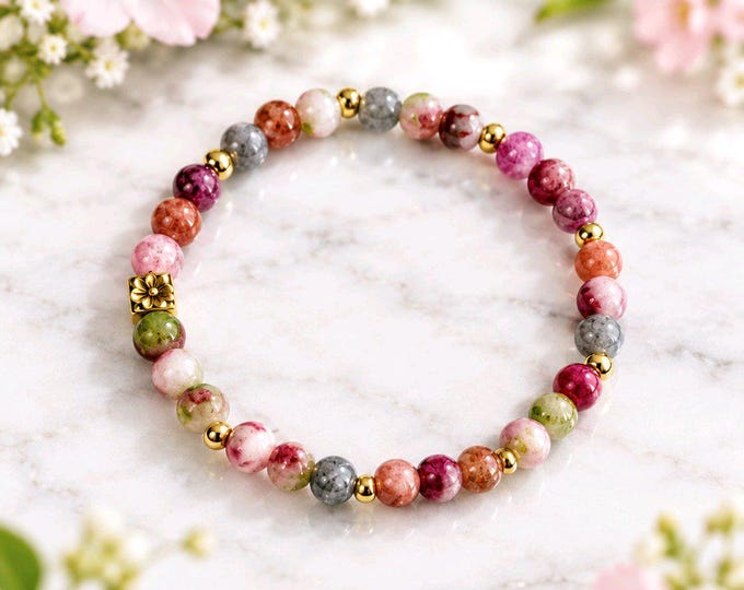 Alashan Agate 6mm and Gold Stretch Bracelet