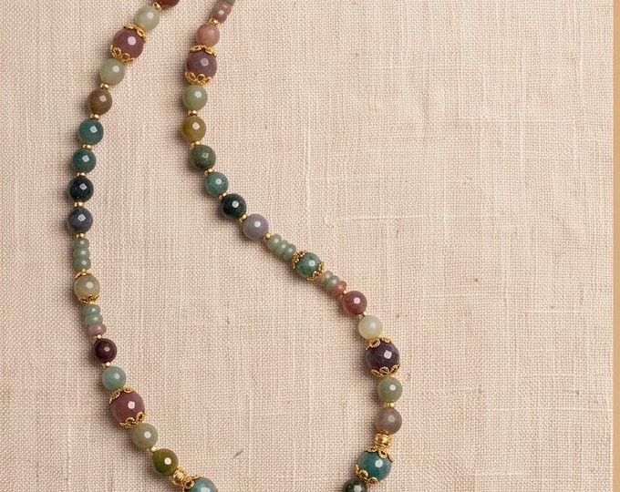 Fancy Jasper Gemstone Gold Beaded Necklace, Boho Earthtone Statement, Gift for Her