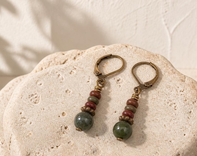 Indian Jasper Green-Brown Stacked Dangle Earrings, Antiqued Bronze Lever Back, Natural Stone Dainty Earrings