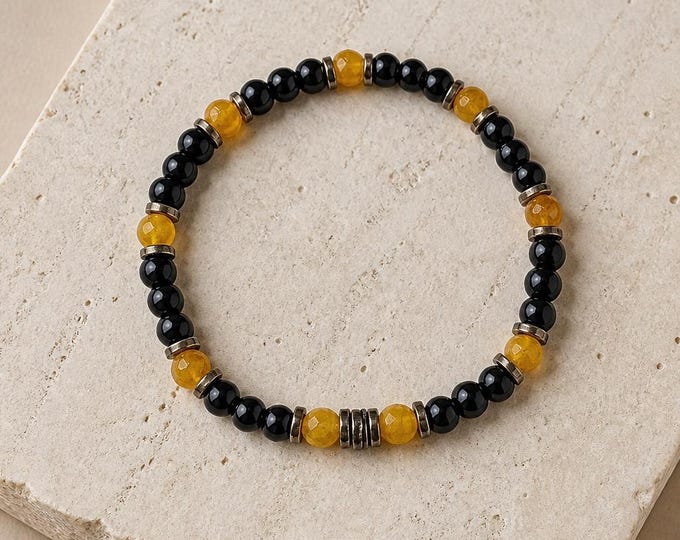 Black Obsidian and Yellow Topaz Beads with Gold Tone Spacers Stretch Bracelet