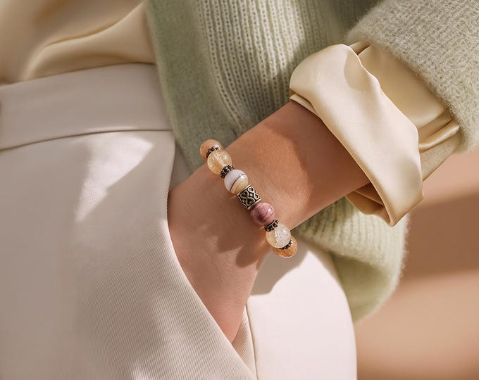 Creamy Quartz and Orange Aventurine Stretch Bracelet with Bronze Spacers