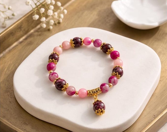 Almandine Garnet and Alashan Agate Stretch Bracelet with Gold Accents and Dangle